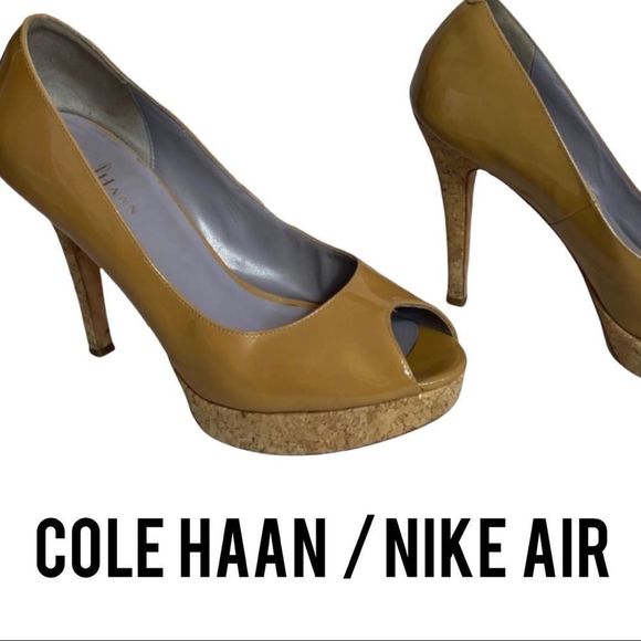 Cole Haan Nike Air Nude Mariela Air Patent Leather Peep Toe Cork Pumps - Picture 1 of 8